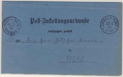 DR - Urbach (Harz) 1903 K1 klar a. Post-Zustellukrunde n. Ilfeld