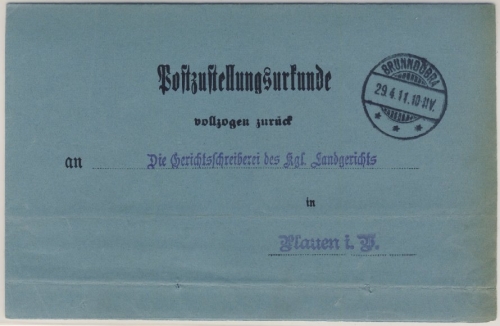 DR - Brunndöbra 1911 Post-Zustellurkunde n. Plauen Stichwort: Klingenthal