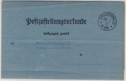 DR - Frauenwald 1913 K1 a. Post-Zustellurkunde n. Schleusingen
