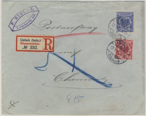 DR - 10+20 Pfg. K/A Einschreiben Postauftrag Limbach (Sachs.) - Chemnitz 1897