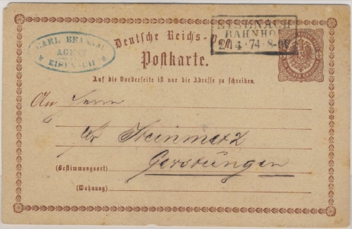 DR - Eisenach Bahnhof 1874 Ra3 a. 1/2 Gr. Brustschild Ganzsache n. Gerstungen