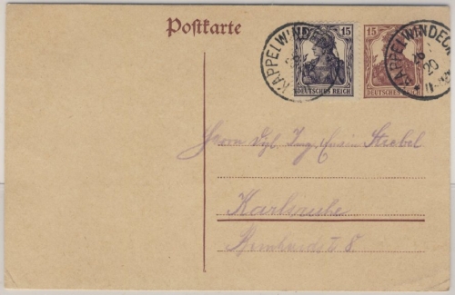 DR - Kappelwindeck 1920 kleiner K1 Ganzsache/Zusatzfrankatur n. Karlsruhe