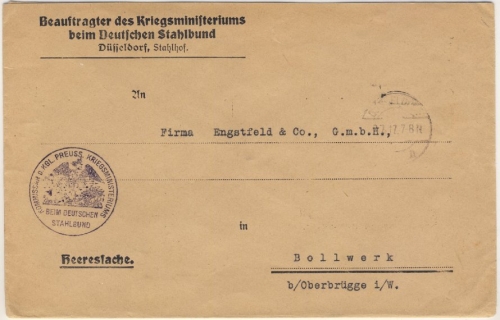 DR - Düsseldorf 1917 Heeressache n. Bollwerk Vordruckkuvert Deutscher Stahbund