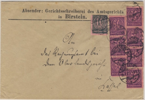 DR-Infla - 7x50+10 M. Ziffer Dienstbrief (2.Gew.st.) Birstein - Kassel 1923