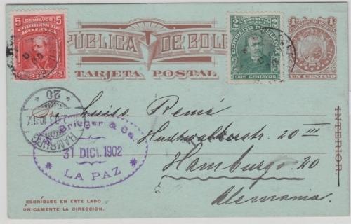 Bolivien - 1 Ctv. Ganzsache + Zusatz La Paz - Hamburg 1902