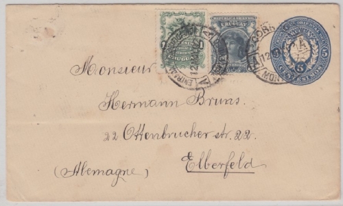 Uruguay - 5 Ctv. Ganzsache+Zusatz, Brief Montevideo - Elberfeld 1902