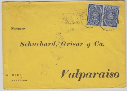 Chile - 2x5 C. Stempelmarke als Freimarke Brief Santiago - Valparaiso 1892