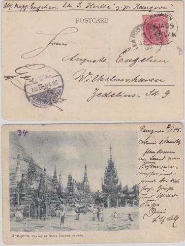 Indien - AK Rangoon - Wilhelmshaven (!) 1905, SMS Hertha !! (Dienstende im