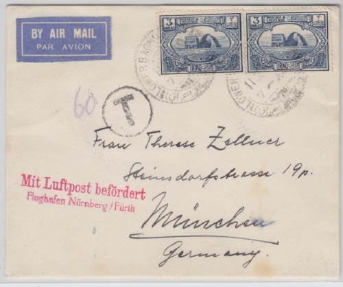 Iraq - 2x3 A. Bogenhalle Luftpostbrief Baghdad - München Nachporto 1930