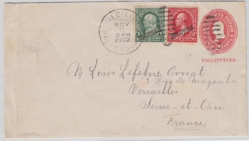Philippinen - 2 C Ganzsache+Zusatz Brief n. Frankreich Iloilo Panay Islands 1902