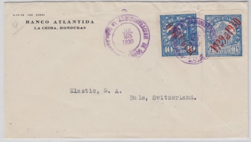 Honduras - 6+10 Ctv. Überdruckmarken Brief i.d. SCHWEIZ La Ceiba - Basel 1930
