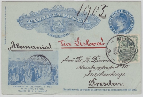 Uruguay - 2 Ctv. Bildganzsache Juramento 1825 + Zusatz Montevideo - Dresden 1903