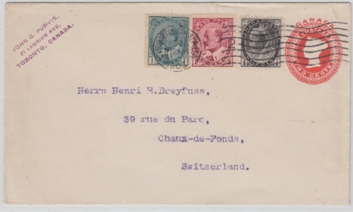 Kanada - 2 C. Ganzsachenumschlag + Zusatz i.d. SCHWEIZ Toronto Ch. de Fond 1903