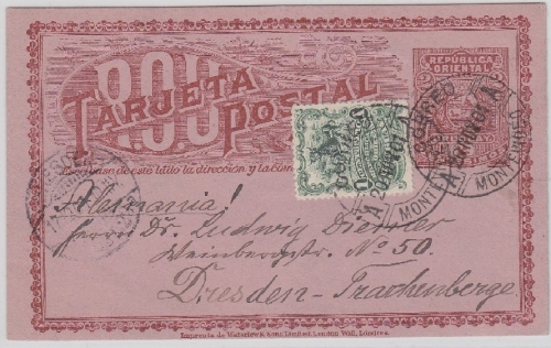 Uruguay - 2 Ctv. Ganzsache + Zusatz Montevideo - Dresden 1901