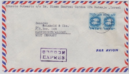 Israel - 2x50 A. Freimarke Luftpost Eilbrief Natanja - Kaufbeuren 1962