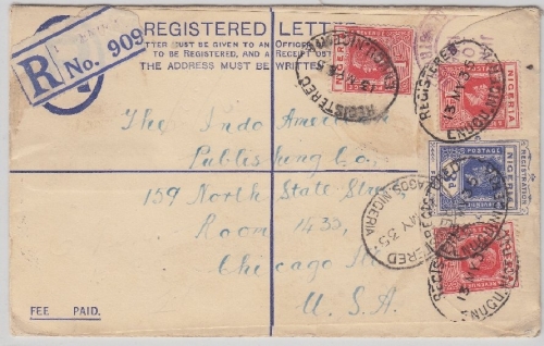 Nigeria, 3 P. Einschreibe-Ganzsache + Zusatz Enugu - USA 1935