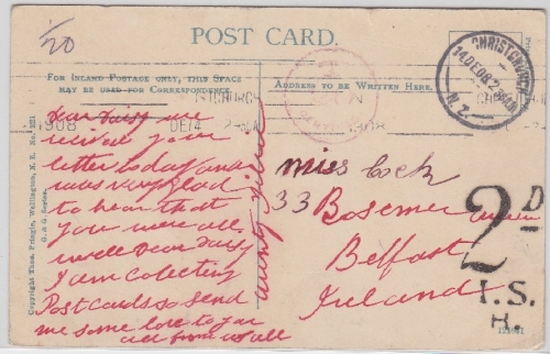 Neuseeland - Christchurch 1908 unfrankierte AK n. Belfast/IRLAND Nachporto