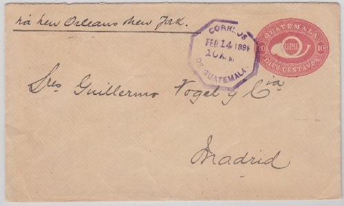 Guatemala - 10 Ctv. Ganzsachen-Umschlag Guatemala Stadt 1896 nach Madrid