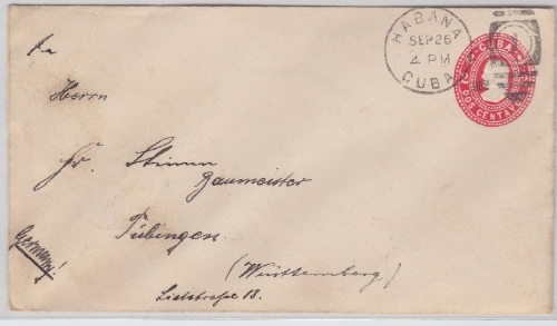 Karibik - 2 Ctv. Ganzsachenumschlag Habana - Tübingen 1908