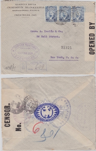 Mexico - 3x10 Ctv. Madero Einschreibebrief n. USA Zacatecas 1918 Zensur !!
