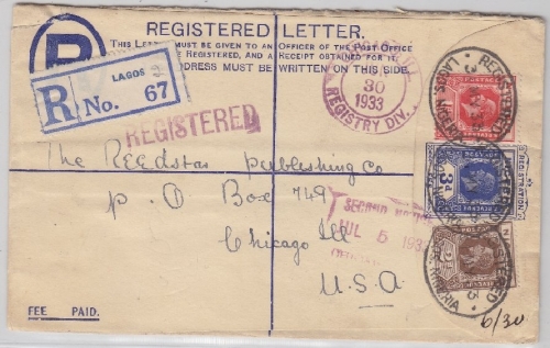 Nigeria - 3 P. Einschreibe-Ganzsache + Zusatz n. USA Lagos Chicago 1933