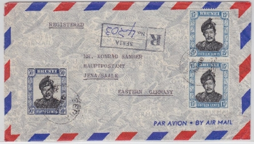 Brunei - 50 und 2x15 C. Sultan Luftpost Einschreiben Seria 1959 nach Jena