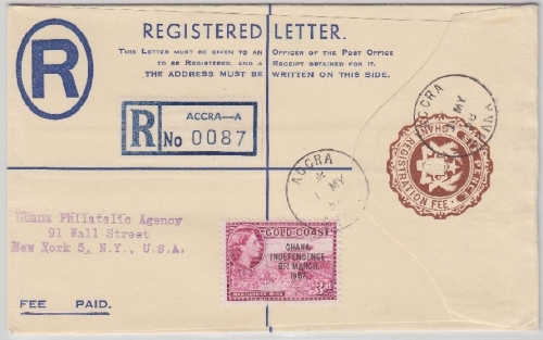 Ghana - 6 P. Einschreibe-Ganzsache + Zusatz n. USA Accra New York 1958