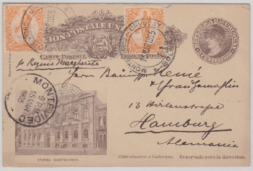 Uruguay - 3 C. Bildganzsache 2x 5 C. Zusatzfrankatur Montevideo Hamburg 1905