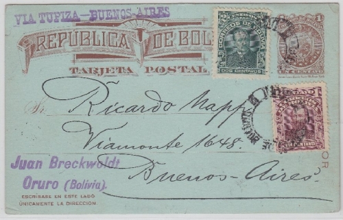 Bolivien - 1 C. Ganzsache + Zusatz Oruro über Tupiza n. Buenos Aires/Argentinien