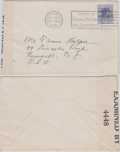 Bahamas - 3 P. Landfall of Columbus Brief Nassau 1942 nach USA Zensurverschluss