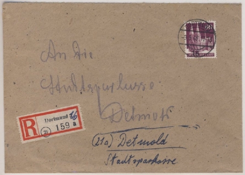 Bizone - Dortmund 16 Einschreibebrief n. Detmold 1948 korrigierter R-Zettel
