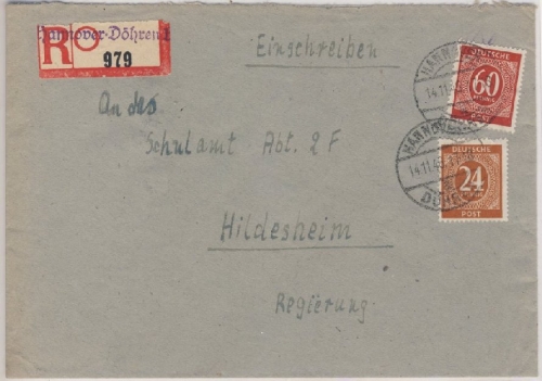 All.Bes./Kontrollrat - Hannover-Döhren Einschreibebrief n. Hildesheim 1946