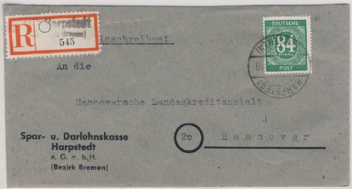 All.Bes./Kontrollrat - Harpstedt Einschreibebrief n. Hannover 1947
