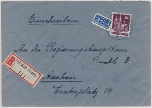 Bizone - Kall Einschreibebrief n. Aachen 1951 - Stichwort Euskirchen, Eifel