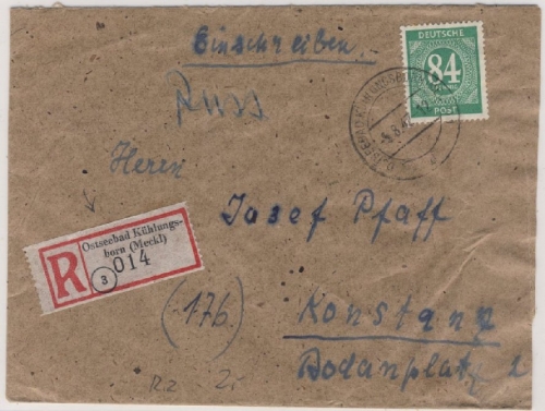 All.Bes./Kontrollrat - Ostseebad Kühlungsborn Einschreibebrief n. Konstanz 1947