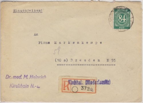 All.Bes./Kontrollrat - Kirchhain Niederlausitz Einschreibebrief n. Dresden 1948