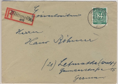 All.Bes./Kontrollrat - Mittweida Einschreibebrief n. Letmathe 1946 R-Zettel !