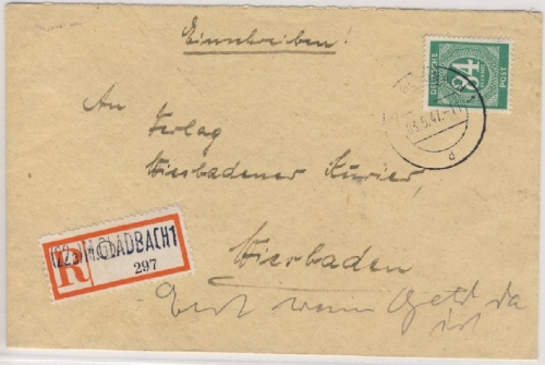 All.Bes./Kontrollrat - M.Gladbach Einschreibebrief n. Wiesbaden 1947 R-Zettel !