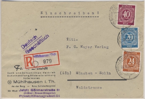 All.Bes./Kontrollrat - Mühlhausen Thüringen Einschreibebrief n. München 1946
