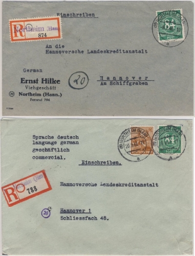 All.Bes./Kontrollrat - Northeim - Hannover 1946 2 Einschreiben versch. R-Zettel