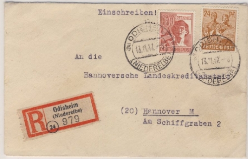 All.Bes./Kontrollrat - Odisheim Einschreibebrief n. Hannover 1947- R-Zettel !