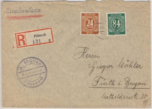 All.Bes./Kontrollrat - Pößneck Einschreibebrief n. Fürth 1946 - R-Zettel !