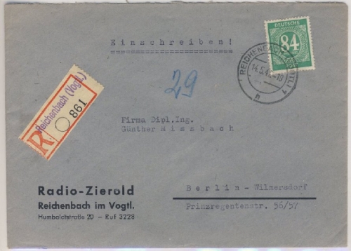All.Bes./Kontrollrat - Reichenbach Vogtl. Einschreibebrief n. Berlin 1947