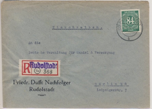 All.Bes./Kontrollrat - Rudolstadt Einschreibebrief n. Berlin 1947