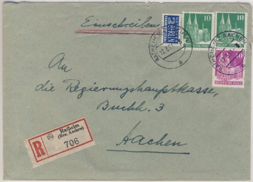 Bizone - Ratheim Einschreibebrief n. Aachen 1951 - Stichwort Hückelhoven