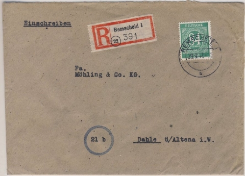 All.Bes./Kontrollrat - Remscheid Einschreibebrief n. Dahle 1947 - R-Zettel !