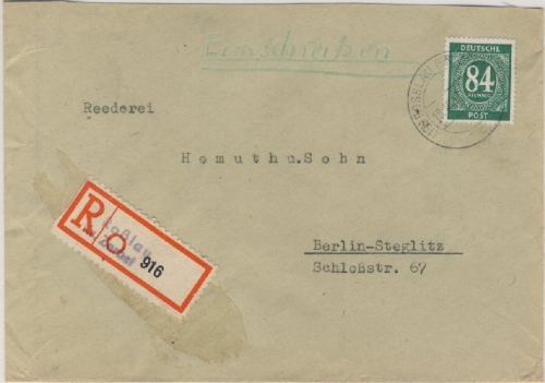 All.Bes./Kontrollrat - Roßlau Einschreibebrief n. Berlin 1947- R-Zettel