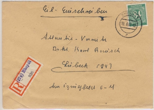 All.Bes./Kontrollrat - Rheydt Einschreibebrief n. Lübeck 1947 Aushilfs-R-Zettel