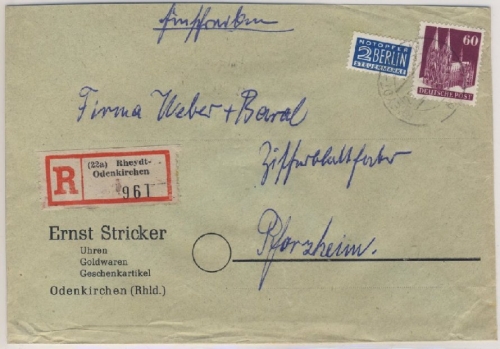 Bizone - Rheydt-Odenkirchen Einschreibebrief n. Pforzheim 1951