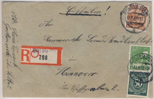 All.Bes./Kontrollrat - Soltau Einschreibebrief n Hannover 1948 Aushilfs-R-Zettel